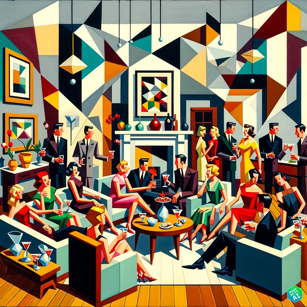 AI generated image of an abstract painting of a cocktail party with a 'made with AI' badge in the lower-right corner