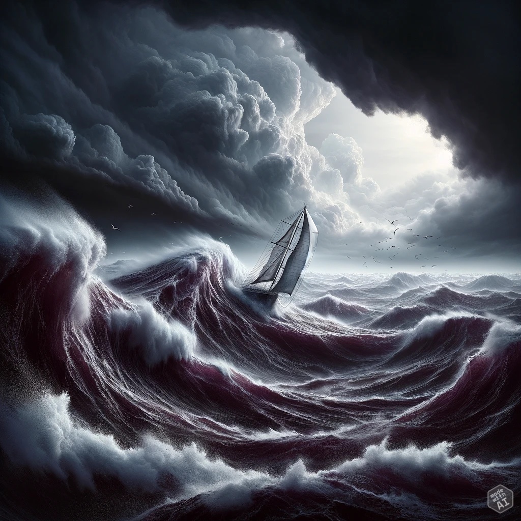 AI generated image of a sailboat on a stormy sea with a 'made with AI' badge in the lower-right corner